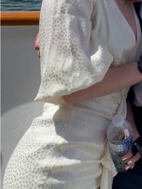 BCBGeneration Cream V-Neck Ruched Midi with dot pattern Dress